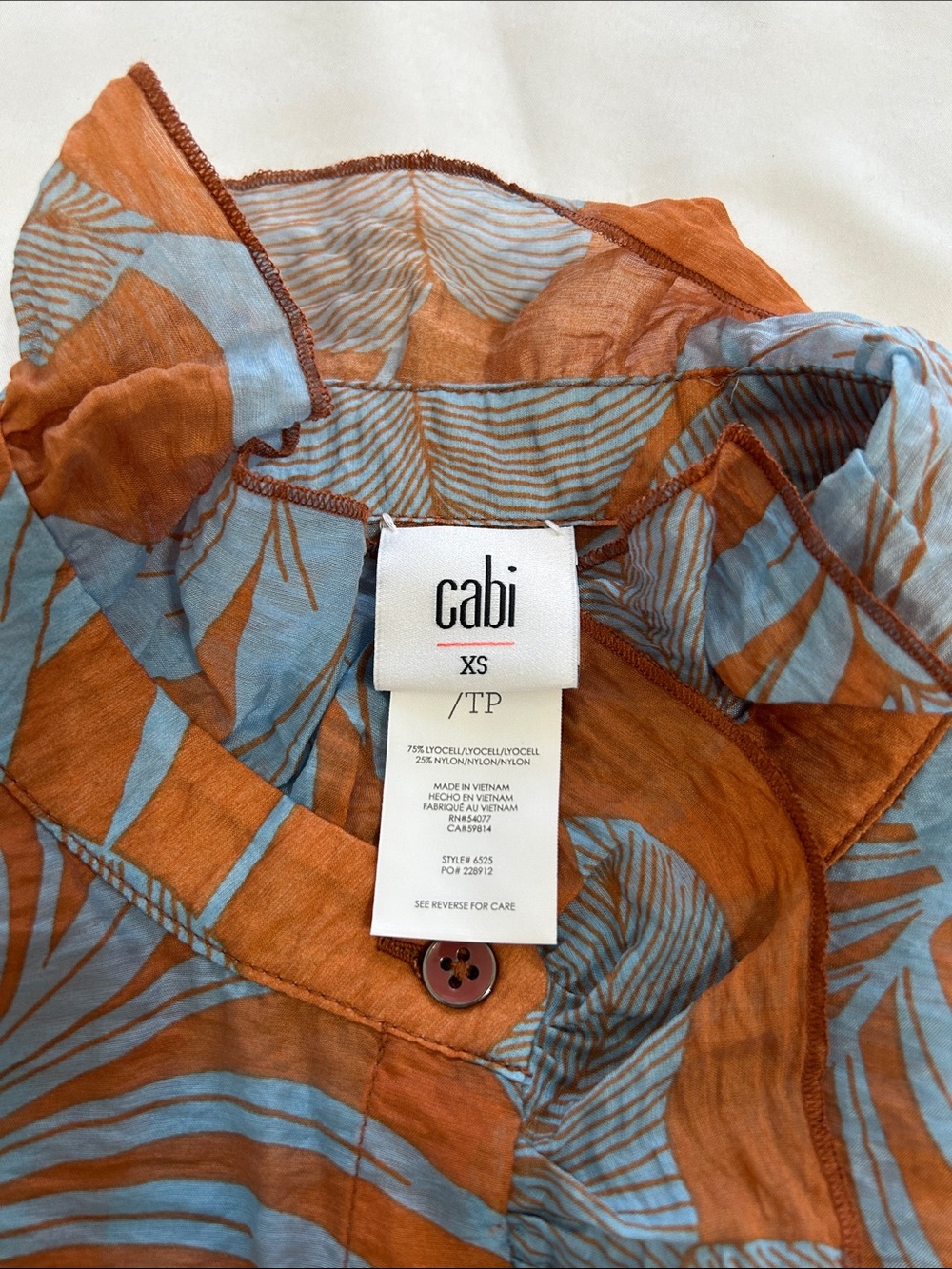CAbi Rust & Sky Blue Ruffled Mock-Neck Botanical Shell - Picture 5 of 8
